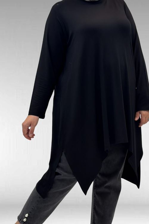 58070 Büyük Beden Asimetrik Kesim Penye Tunik - Siyah