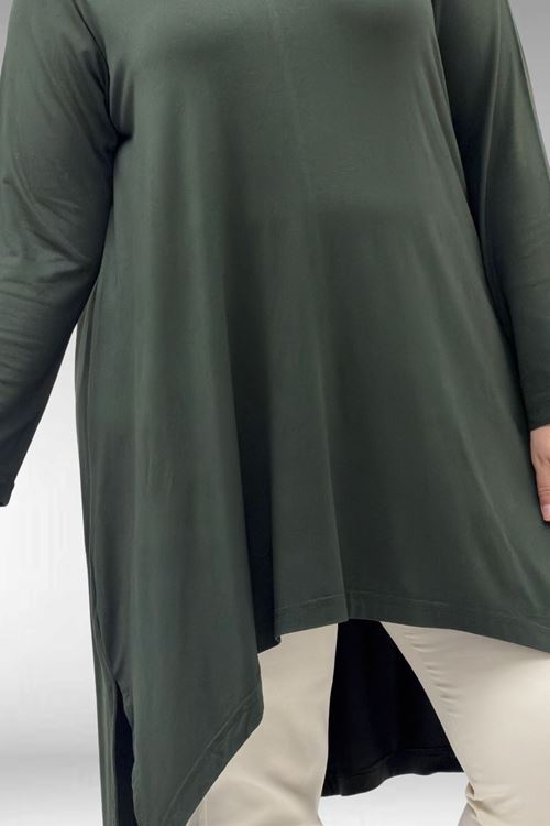 58070 Büyük Beden Asimetrik Kesim Penye Tunik - Haki