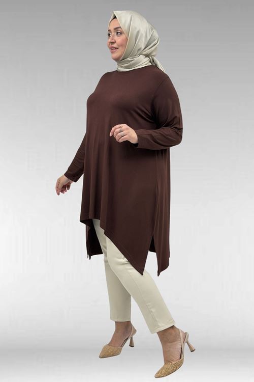 58070 Büyük Beden Asimetrik Kesim Penye Tunik - Kahve