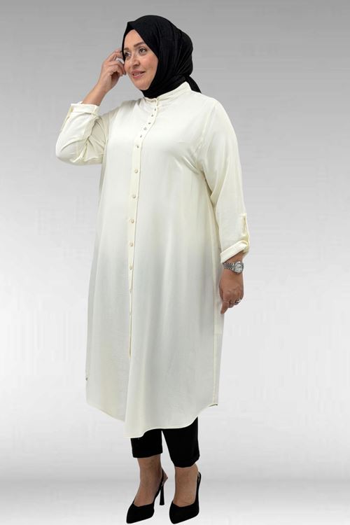 68039 Büyük Beden Hakim Yaka Maroken Gömlek - Ekru