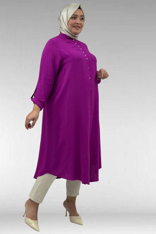 68039 Büyük Beden Hakim Yaka Maroken Gömlek - Fuşya