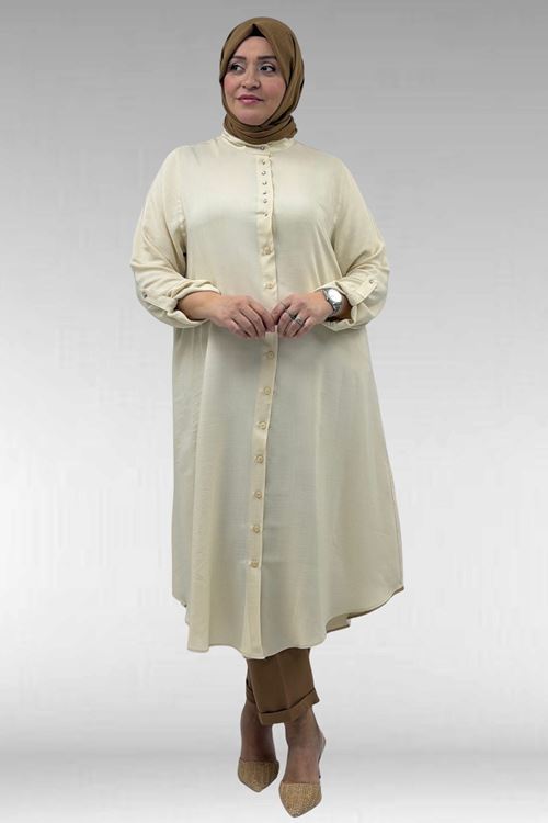 68039 Büyük Beden Hakim Yaka Maroken Gömlek - Bej