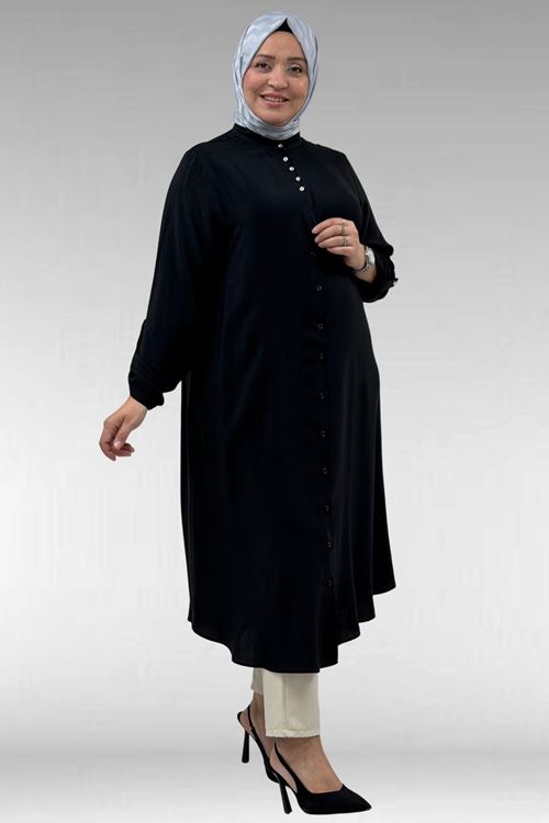 68039 Büyük Beden Hakim Yaka Maroken Gömlek - Siyah