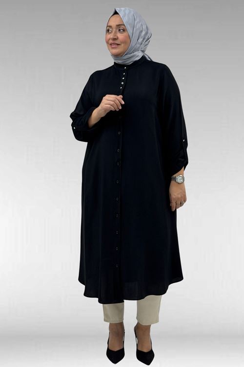 68039 Büyük Beden Hakim Yaka Maroken Gömlek - Siyah