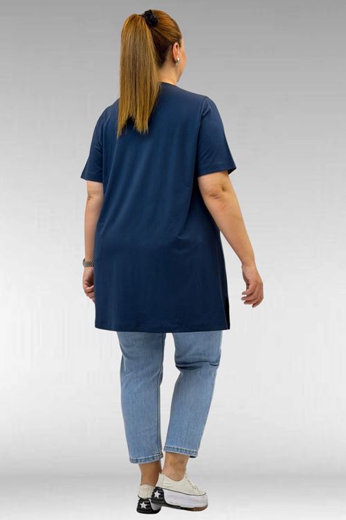 68502 Büyük Beden  Yakası Biyeli Önü Baskılı Penye Tişört - Petrol