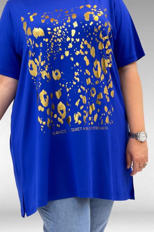 68502 Büyük Beden  Yakası Biyeli Önü Baskılı Penye Tişört - Saks