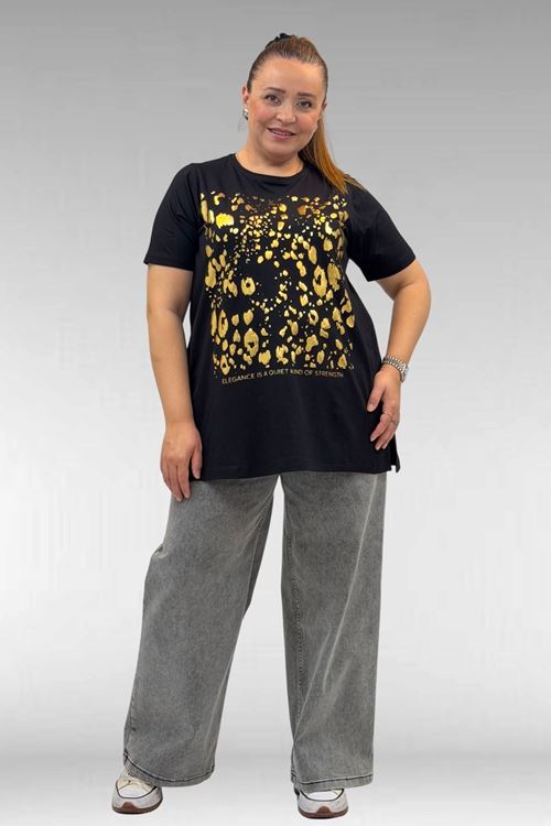 68502 Büyük Beden  Yakası Biyeli Önü Baskılı Penye Tişört - Siyah