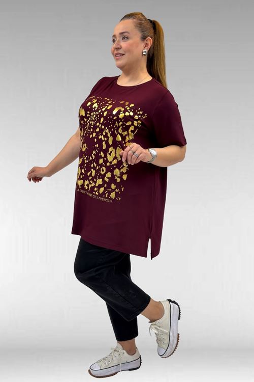68502 Büyük Beden  Yakası Biyeli Önü Baskılı Penye Tişört - Bordo