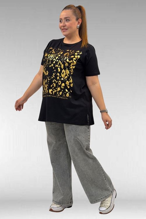 68502 Büyük Beden  Yakası Biyeli Önü Baskılı Penye Tişört - Siyah