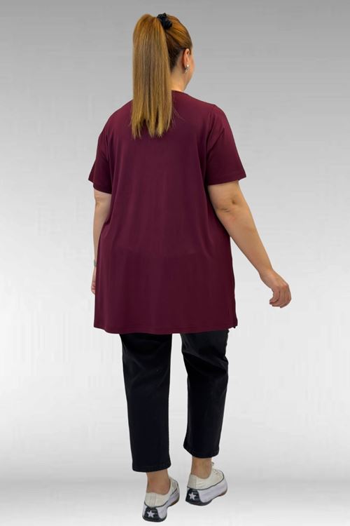 68502 Büyük Beden  Yakası Biyeli Önü Baskılı Penye Tişört - Bordo