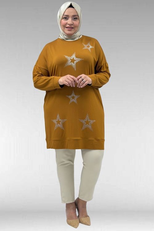 68027 Büyük Beden Yıldız Taş Baskılı Penye Tunik - Hardal