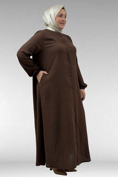 66005 Büyük Beden Patlı Pat Üzerinde Taş Detaylı Ferace - Kahve