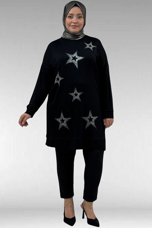 68027 Büyük Beden Yıldız Taş Baskılı Penye Tunik - Siyah