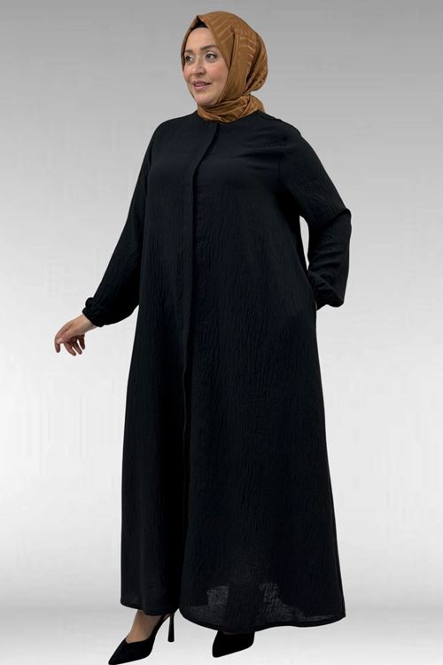 66005 Büyük Beden Patlı Pat Üzerinde Taş Detaylı Ferace - Siyah