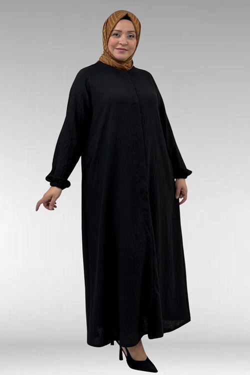 66005 Büyük Beden Patlı Pat Üzerinde Taş Detaylı Ferace - Siyah