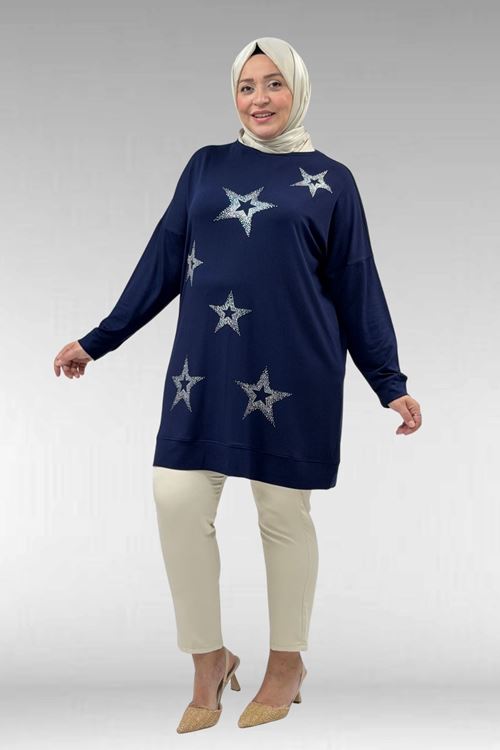 68027 Büyük Beden Yıldız Taş Baskılı Penye Tunik - Lacivert