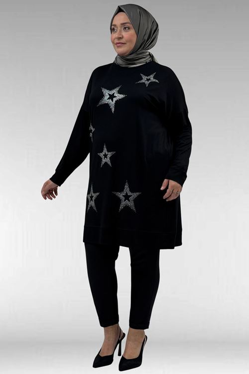 68027 Büyük Beden Yıldız Taş Baskılı Penye Tunik - Siyah