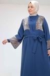 57207 Büyük Beden Garni Detaylı Etamin Elbiseli Abaya - Petrol
