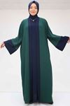 57204 Büyük Beden Patı Garnili Etamin Elbiseli Abaya - Zümrüt-Lacivert