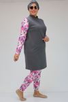 F-1729 Büyük Beden Uzunkol Tesettür Mayo Takım - Pembe - Gri