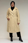 53073 Büyük Beden Kemerli Deri Trençkot - Bej