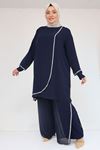 47064 Büyük Beden Taş Baskı Detaylı Sandy Şifon Pantolonlu Takım - Lacivert