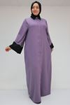 56008 Büyük Beden Kol Garnili Etamin Abaya Ferace - Lila-Siyah