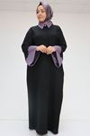56008 Büyük Beden Kol Garnili Etamin Abaya Ferace - Siyah-Lila