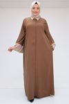 56008 Büyük Beden Kol Garnili Etamin Abaya Ferace - Kahve - Vizon