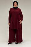 67004 Büyük Beden Önü Ve Arkası Pelerin Detaylı Sandy Pantolonlu Takım - Bordo