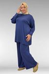 67007 Büyük Beden Kol Ve Etek Ucu Kendinden Ribanalı Pantolonlu Takım - İndigo