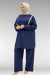 67022 Büyük Beden Omzu Taş Detaylı Sandy Pantolonlu Takım - Lacivert