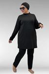 1739 Büyük Beden Önü Taş Baskılı Uzunkol Tesettür Mayo - Siyah
