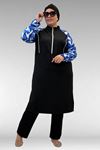 1733 Büyük Beden Fermuarlı Tesettür Mayo - Fırça Desen Saks-Siyah