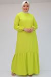 42027 Büyük Beden Eteği Büzgülü  Keten Elbise - Yağ Yeşili