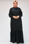 42027 Büyük Beden Eteği Büzgülü  Keten Elbise - Siyah